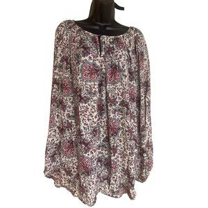 Chaps Womens 2X Paisley Boho Blouse With Long Sleeves & Scoop Neck White/Red